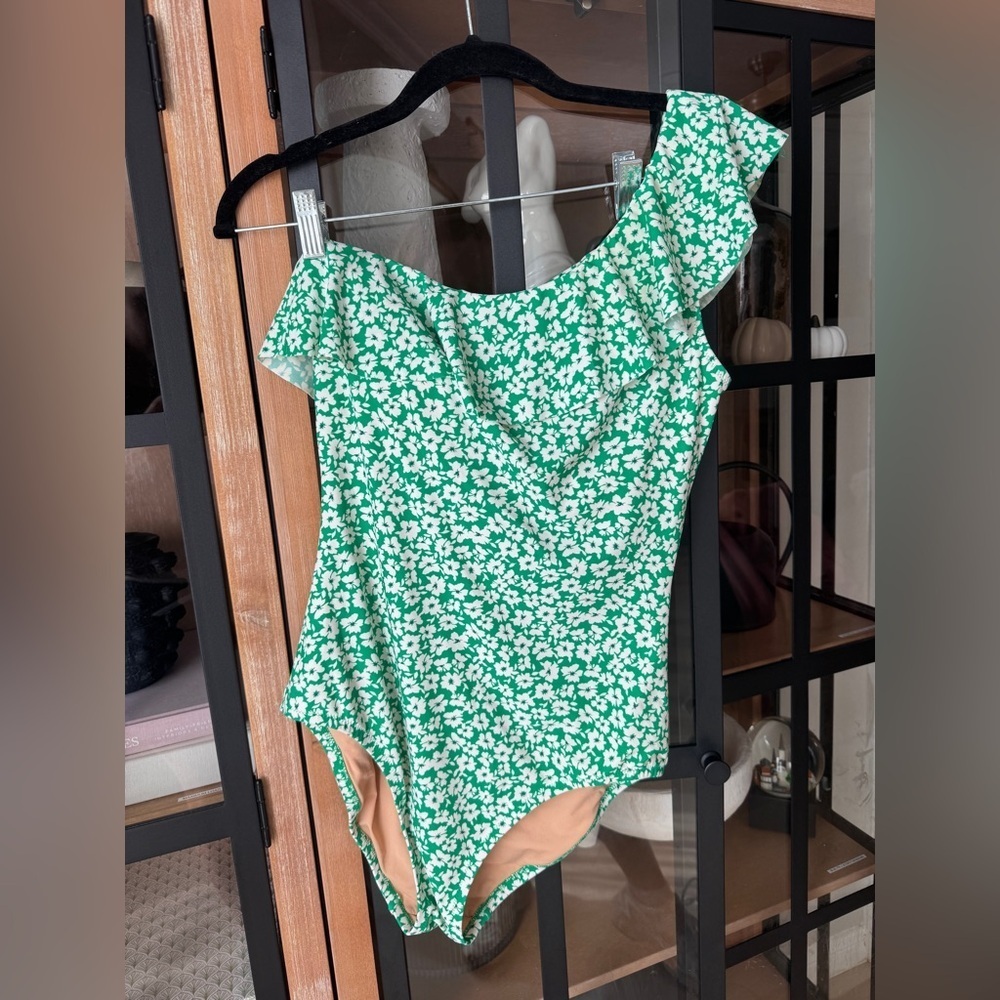 J. CREW one shoulder one piece swimsuit ruffle daisy print floral kelly green